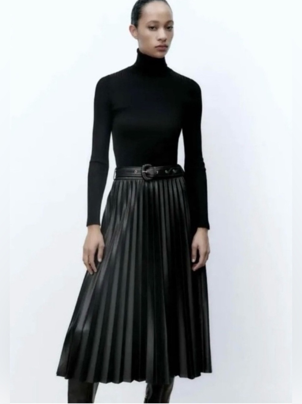 Zara Black Pleated Faux-Leather Midi Skirt with Belt
